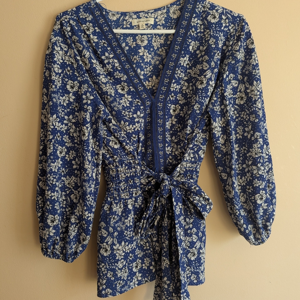 Max Studio Blue Floral Blouse with Tie-Front
